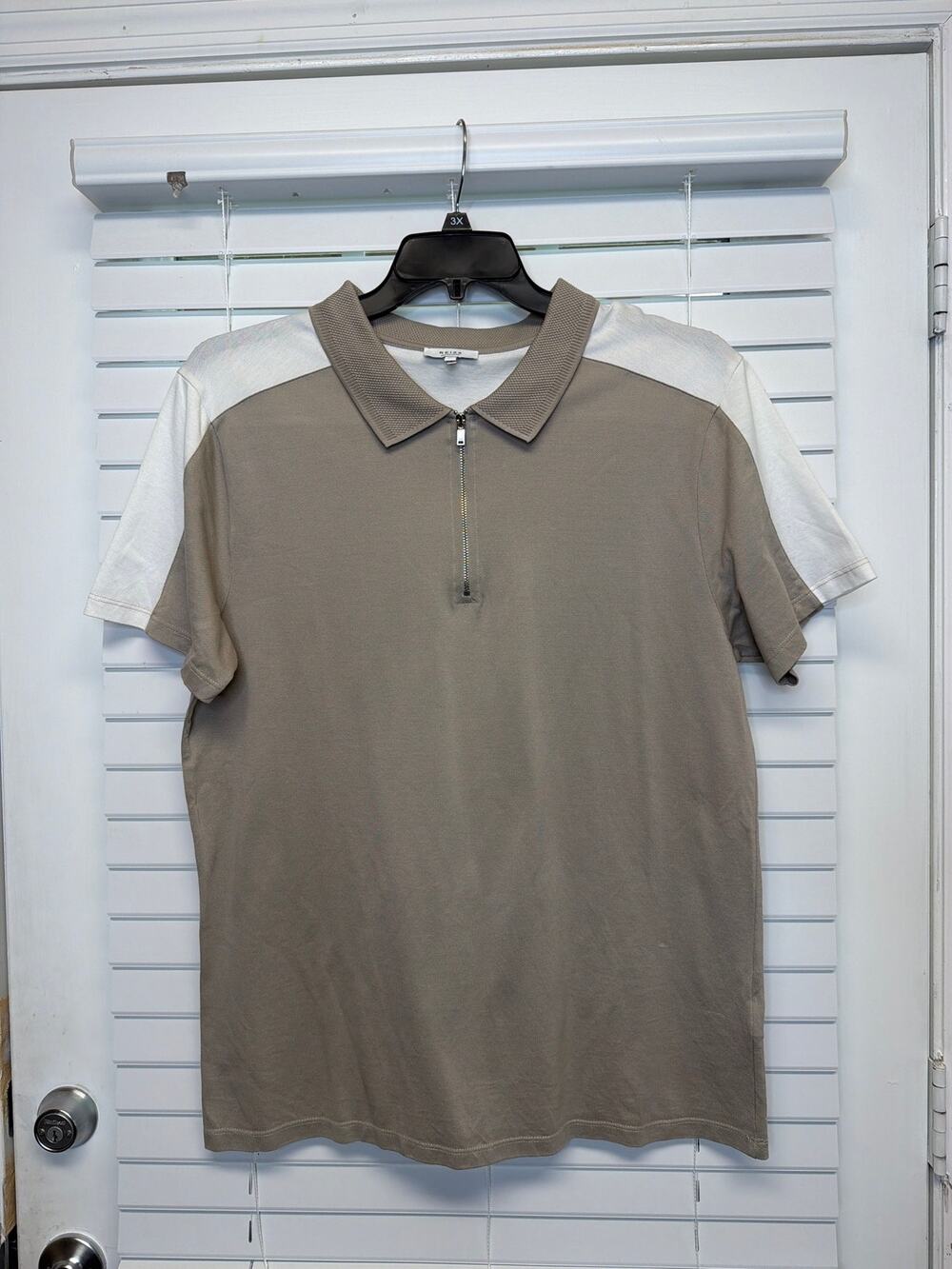Reiss Men's Textured Knit Half Zip Polo Shirt Taupe Tan White Size XL Resort